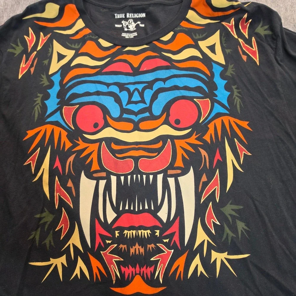 True Religion Mens XXXL Black Tiger Graphic World Tour Short Sleeve T-Shirt a55